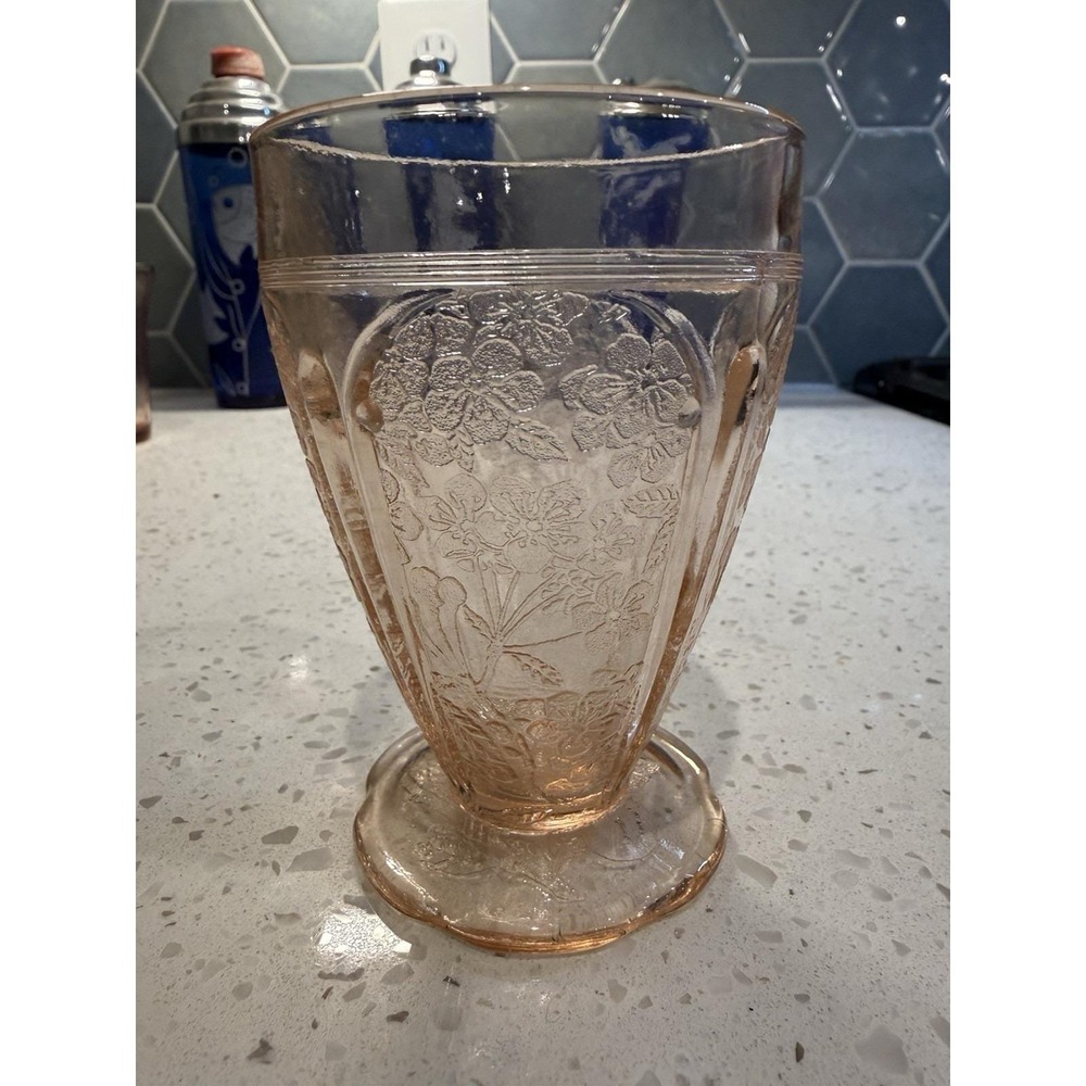 Jeannette Cherry Blossom 4 1/4" Pink Footed Water Tumbler Depression Glass